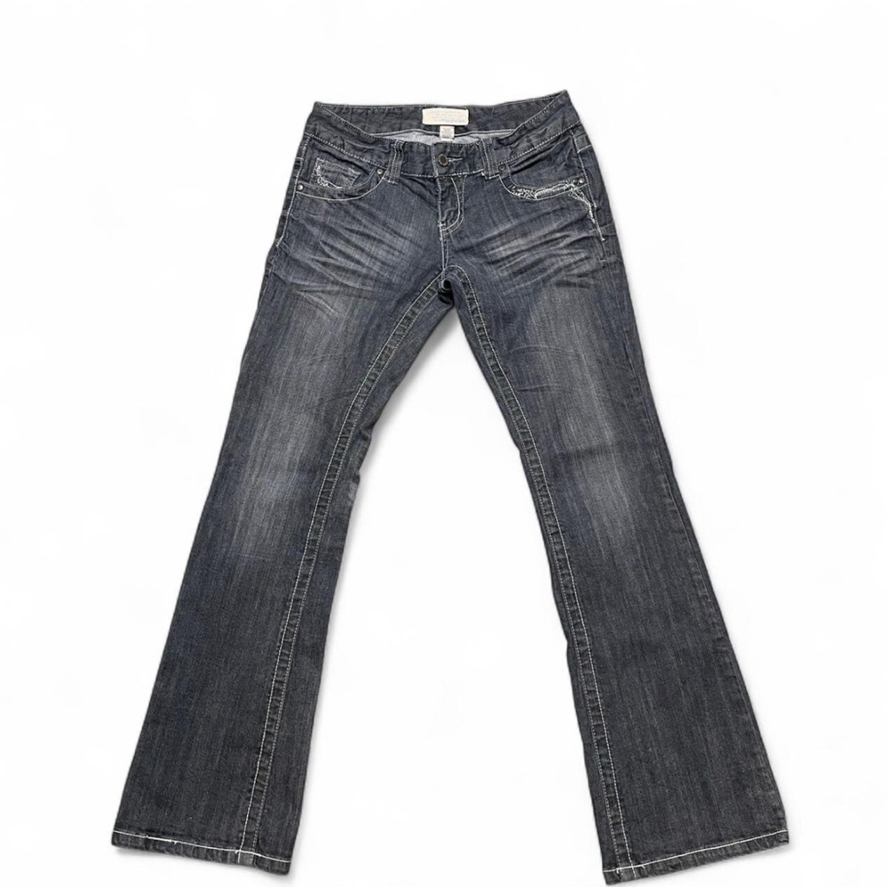 Maurices Womens Y2K Blue Black Low-Rise Embellished Preppy Bootcut Jeans 7/8